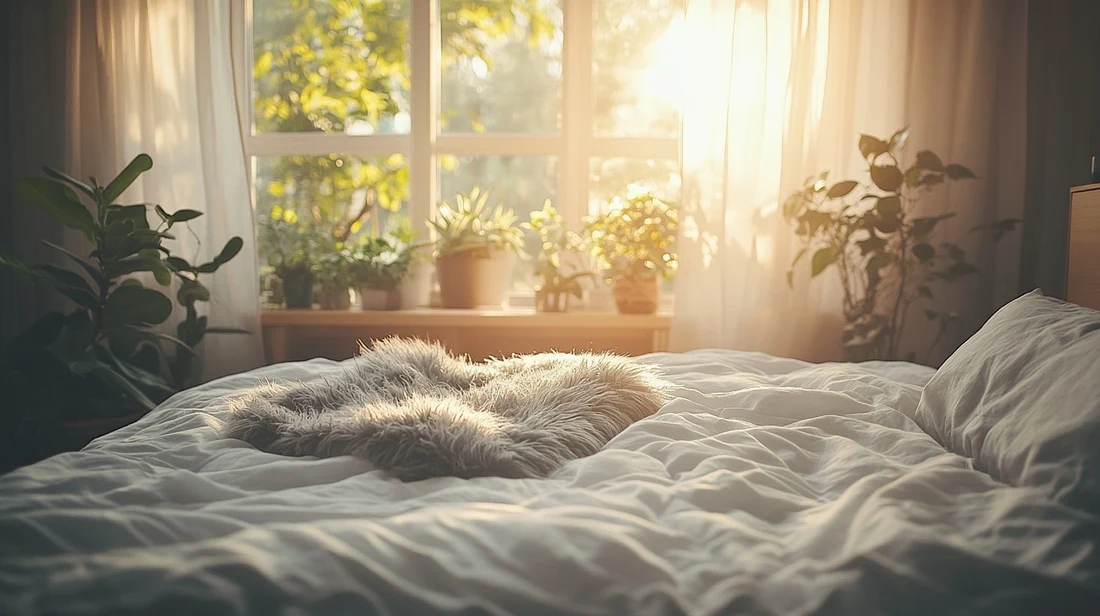 A calm bedroom in soft morning light, curtains open to the sun